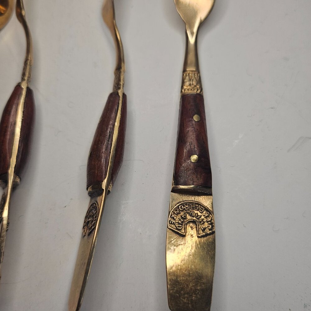 Vintage SIAM 6 Brass-Bronze gold tone & Teak wood cocktail forks Thailand - Picture 4 of 9